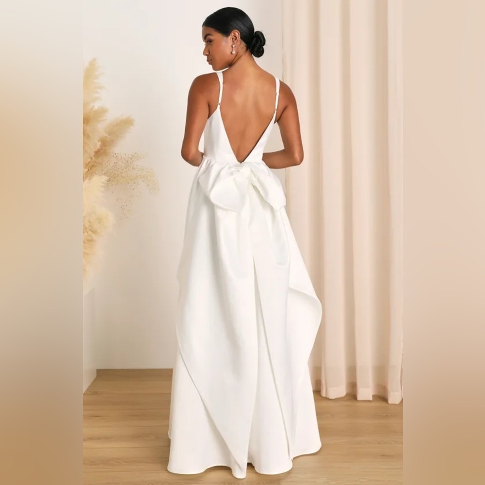 Lulus Blissfully Beloved Ivory Backless A-Line Bow Maxi Dress with slit, size XS - Picture 2 of 8